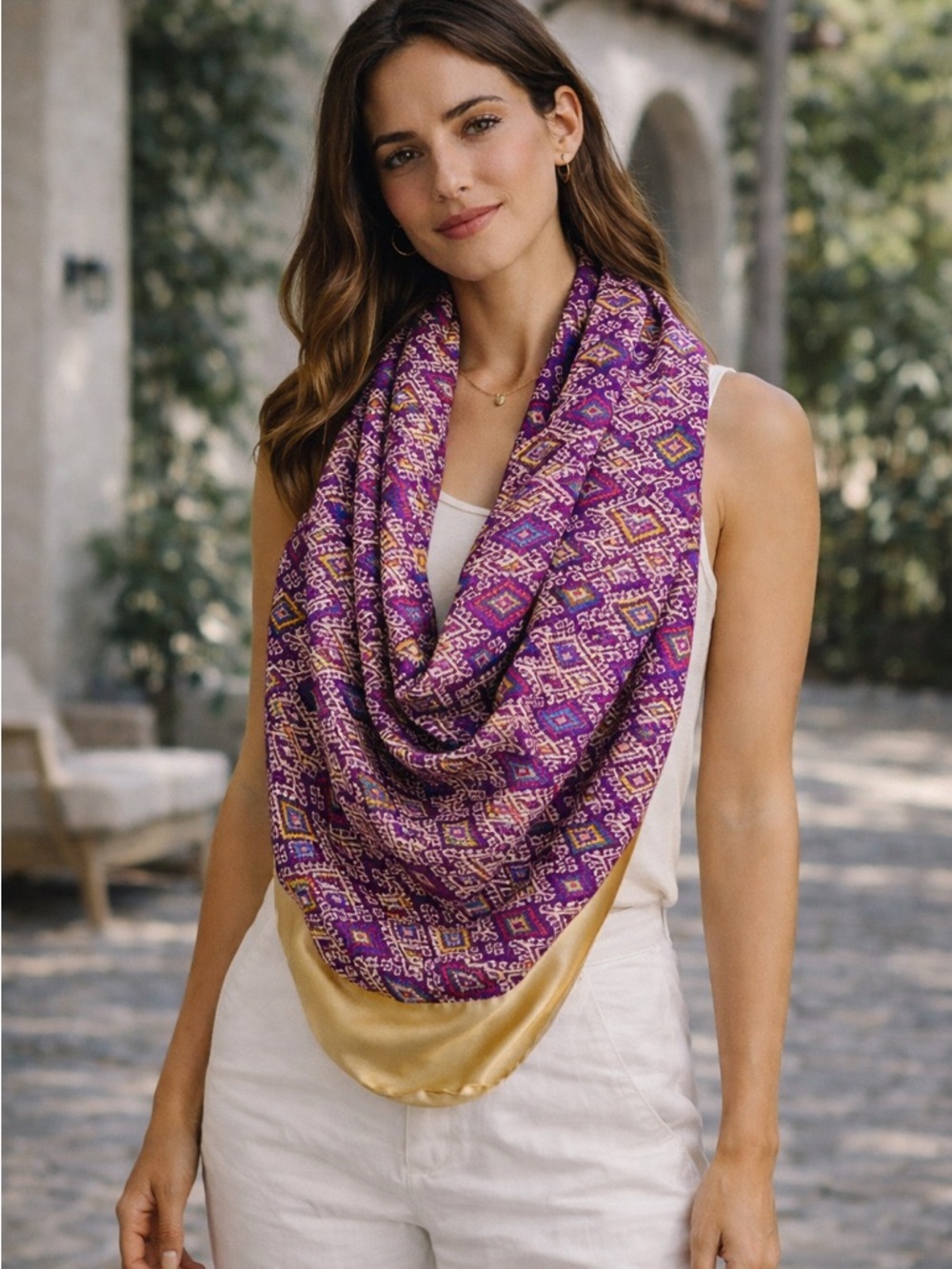 Purple Patterned Infinity Scarf with Gold Satin Trim